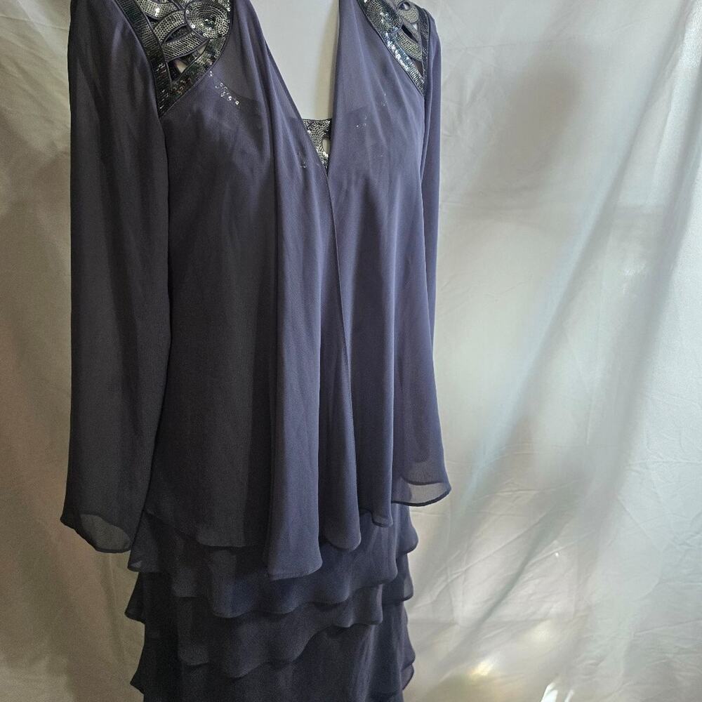 SLNY Women's Navy Sequined Neck Detail Tiered A-Line Dress with Over Coat Size 8 - Picture 1 of 6